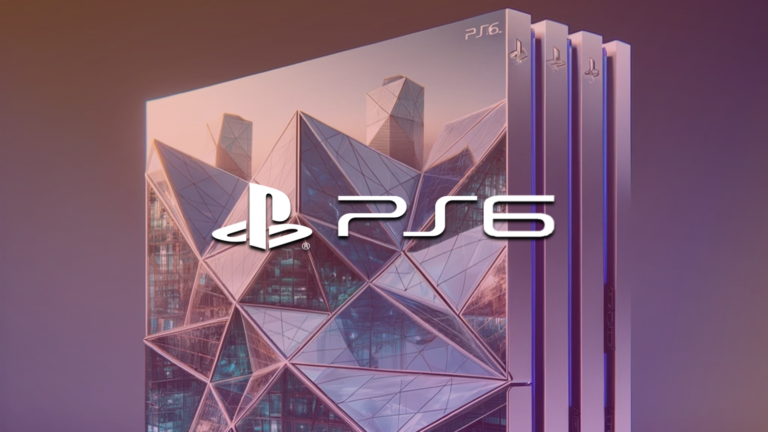 A close-up of a PlayStation console with a cityscape in the background, symbolising the gaming industry's uncertainty amidst global economic disruptions, with the PlayStation 6 logo prominently displayed, representing the next-gen console that is highly anticipated by gamers worldwide.