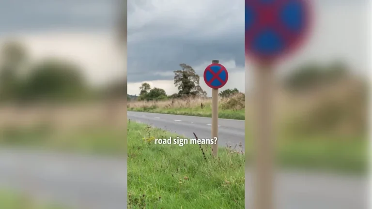 A photo of a mysterious road sign that is leaving people perplexed, with a car stopped in the background, highlighting the primary keyword of road signs