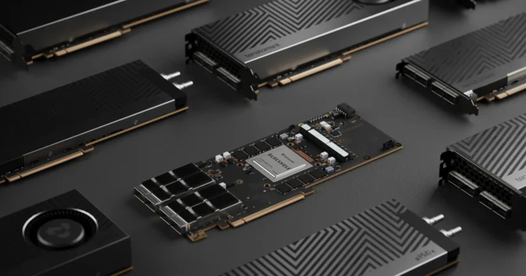 A descriptive image of a person in front of a screen displaying a video generated by Tenstorrent's AI model, with a cityscape in the background, symbolizing the UK's thriving tech scene and the potential for AI-powered video generation to transform industries and enhance customer experiences