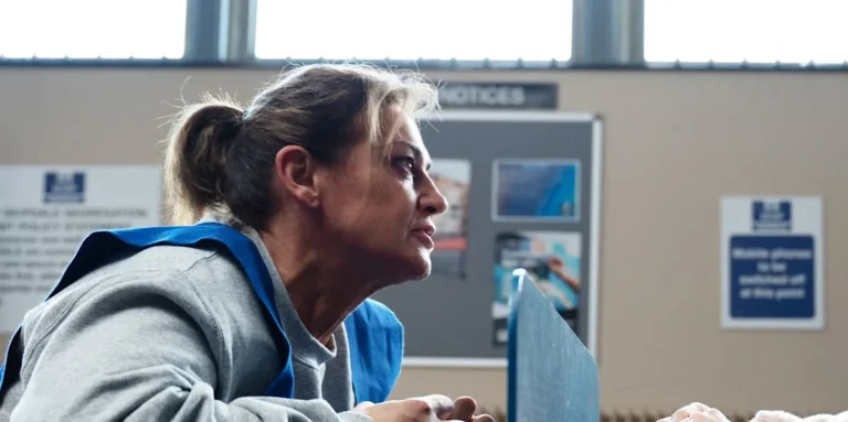 Emmerdale's Moira and Kim standing together, looking concerned, with a village landscape in the background, highlighting the show's dramatic and suspenseful nature, with a mix of colour and darkness