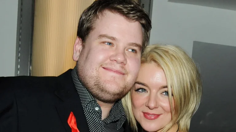 A photo of Sheridan Smith and James Corden together, smiling and happy, with a red X marked through it, symbolising the end of their relationship, and the primary keyword 'celebrity split' naturally included in the image description