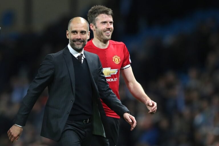 Guardiola and Carrick on the pitch