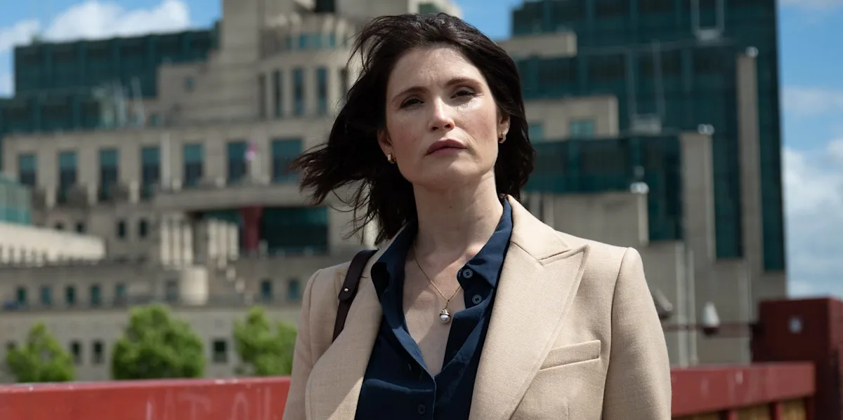 A group of actors in a spy thriller, with a cityscape in the background, showcasing the primary keyword British spy thriller