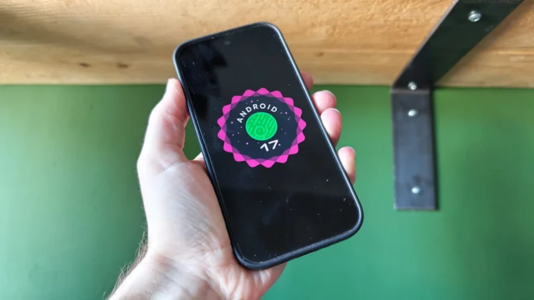 Android 17 logo on a smartphone screen with a UK background, featuring various smartphones from different manufacturers