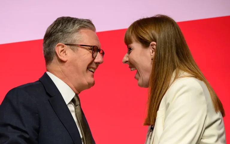 Labour leader Keir Starmer and Angela Rayner in discussions, analysing the party's behaviour and colour, with a focus on Labour leadership and Cabinet positions