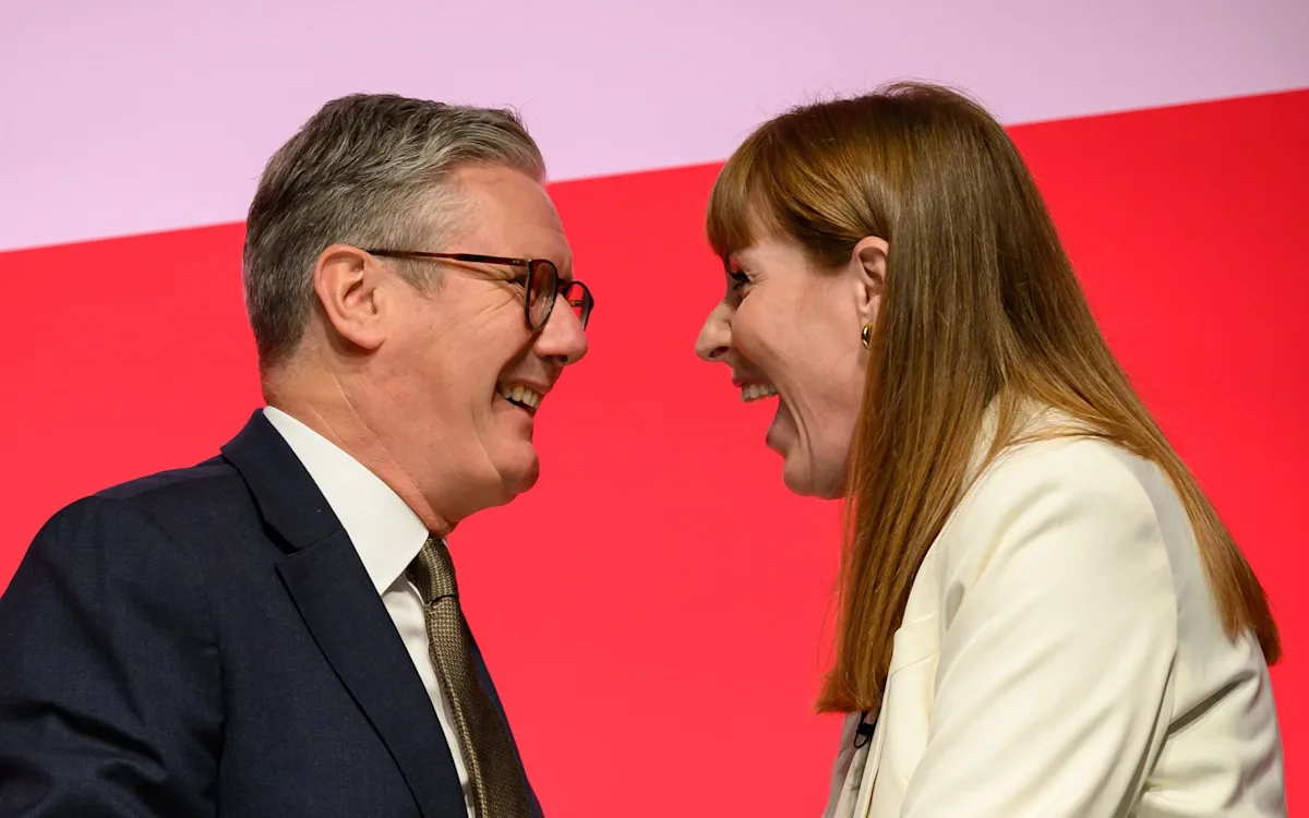 Labour leader Keir Starmer and Angela Rayner in discussions, analysing the party's behaviour and colour, with a focus on Labour leadership and Cabinet positions