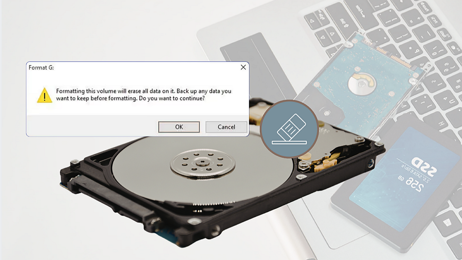 A person in the UK holding a formatted hard drive, with a worried expression, surrounded by cables and computer equipment, highlighting the importance of data recovery after formatting, with a focus on EaseUS Data Recovery Wizard as a solution.