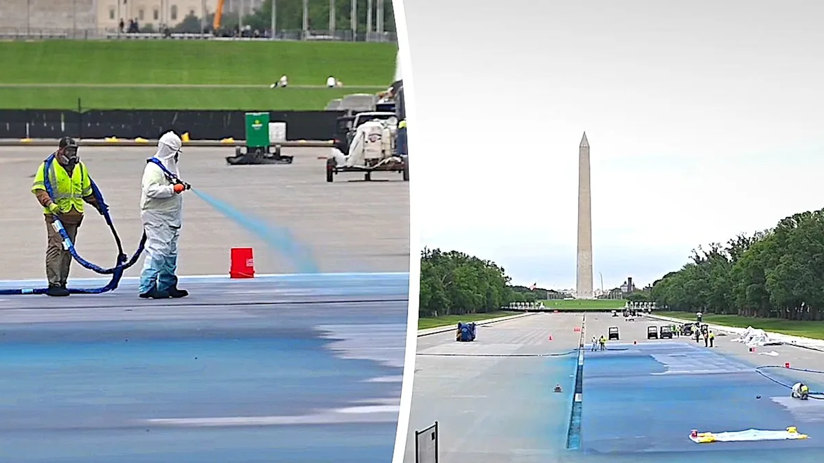 The Lincoln Memorial Reflecting Pool's basin now features a vibrant blue coating, applied by skilled workers to enhance its aesthetic and protect it from damage, with the Washington Monument visible in the background, set against a clear blue sky with a few wispy clouds, showcasing the memorial's new look in all its glory, with the primary keyword being Lincoln Memorial Reflecting Pool