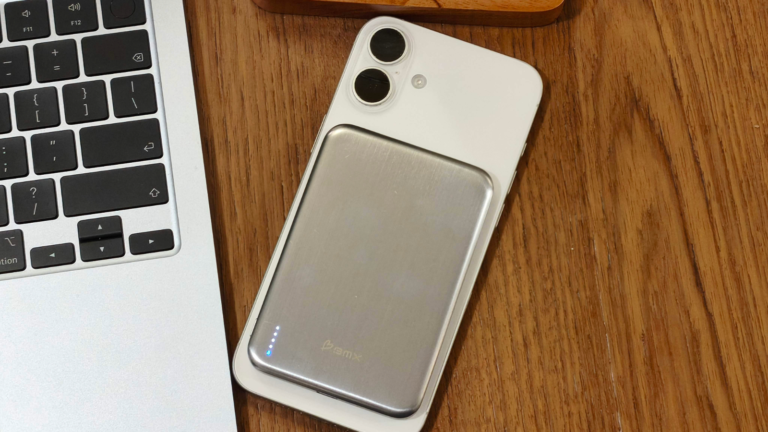 The BMX SolidSafe Air 5K power bank attached to an iPhone, showcasing its sleek and ultra-thin design, perfect for UK iPhone users seeking a reliable and stylish accessory