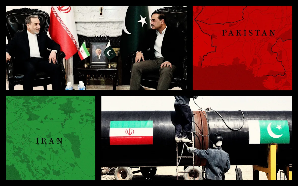 Pakistan's diplomatic efforts with the US and Iran, featuring a map of the region and a picture of Pakistani diplomats in discussion with their US and Iranian counterparts, highlighting the country's delicate balance in its relationships with both nations