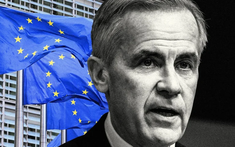 Mark Carney attending the European summit, discussing global economic policy and climate change with other world leaders, analysing the behaviour of the Trump administration