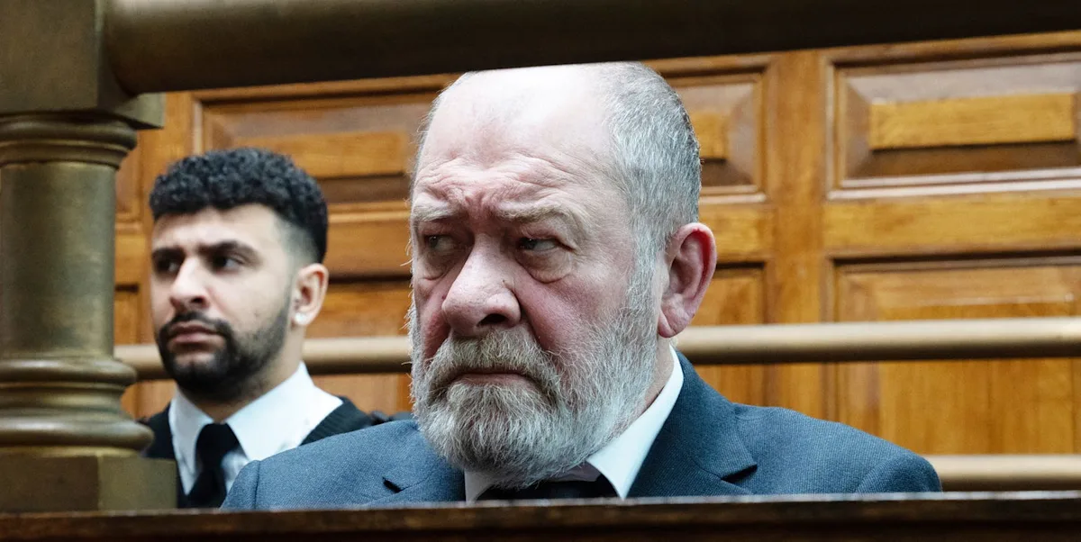 A dramatic scene from Emmerdale featuring Bear, Paddy, and Dylan, with a caption that reads 'The verdicts are in, but what's next for these Emmerdale favourites?', including the primary keyword 'Emmerdale' naturally