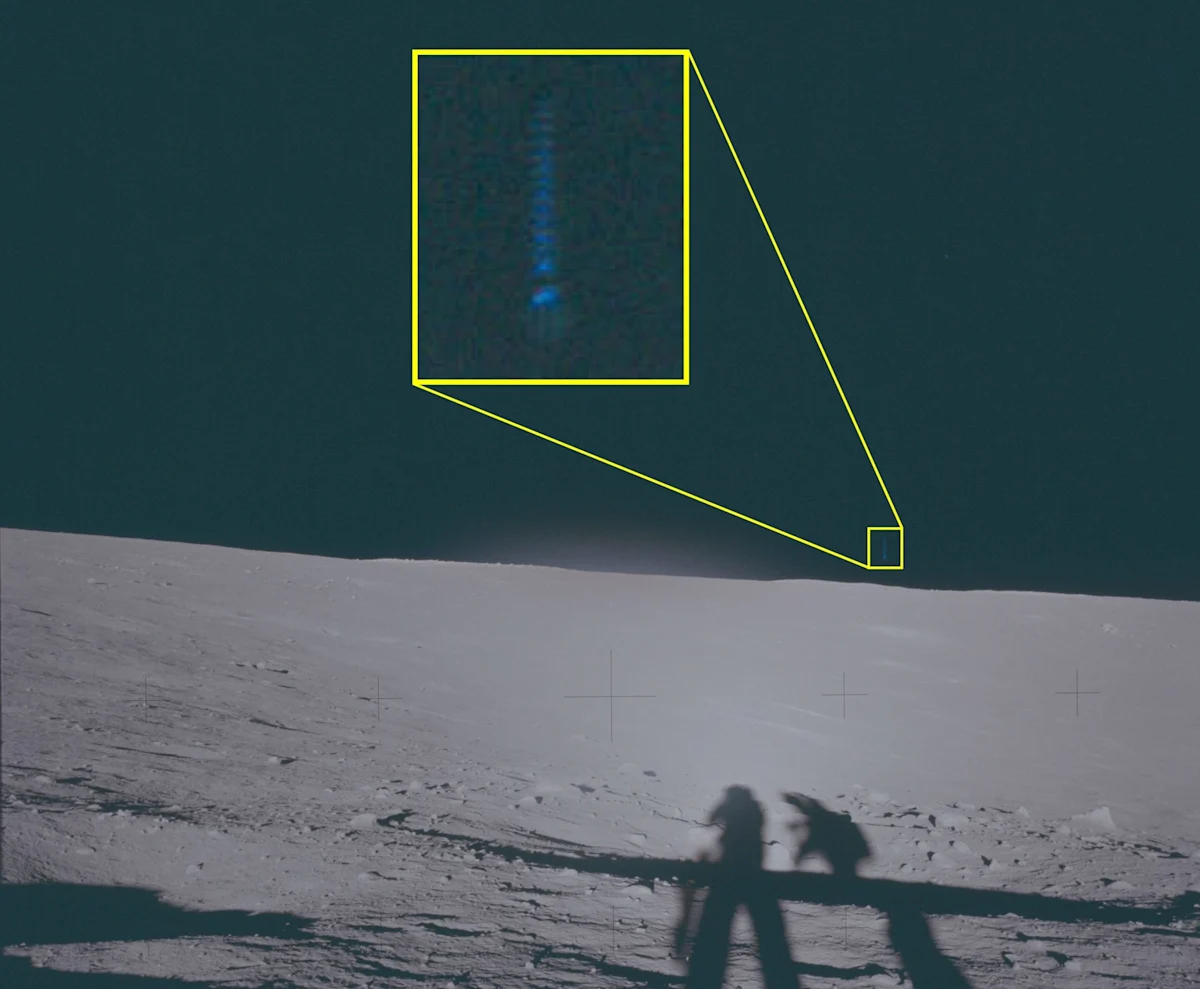 A photograph of the Moon's surface with a UFO in the distance, taken by Apollo astronauts during their mission, showcasing the strange and unexplained phenomena encountered in space, with a focus on the primary keyword, Apollo astronauts