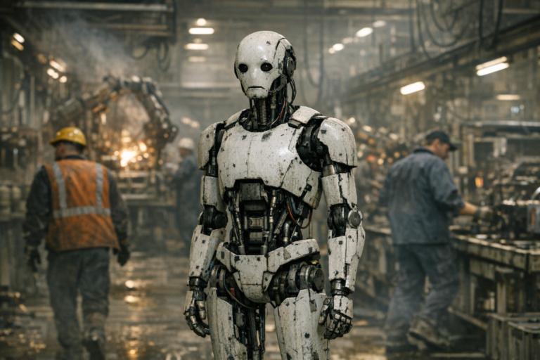 A humanoid robot in a factory setting, with a caption that reads 'Tesla's Optimus robot: a work in progress'