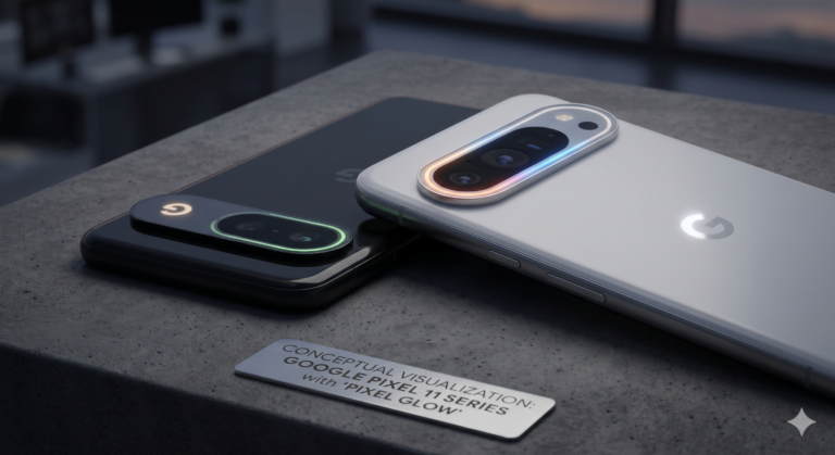 A descriptive image of the Pixel Glow feature on the back of a Pixel 11 phone, showcasing subtle light and colour notifications in the UK, with the Google logo and camera bar prominently displayed