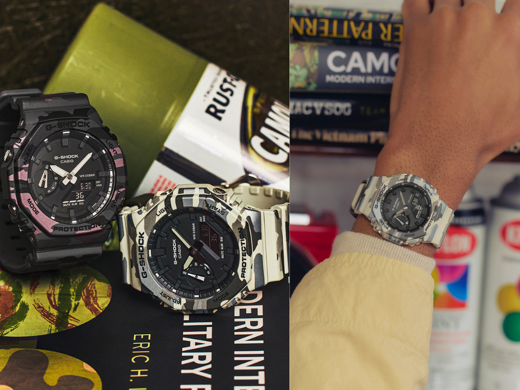 The new Casio G-Shock GA-2100 camo edition watches feature a distinctive metallic camouflage print, adding a touch of style to the existing design, with a focus on the G-Shock brand and its commitment to quality and durability