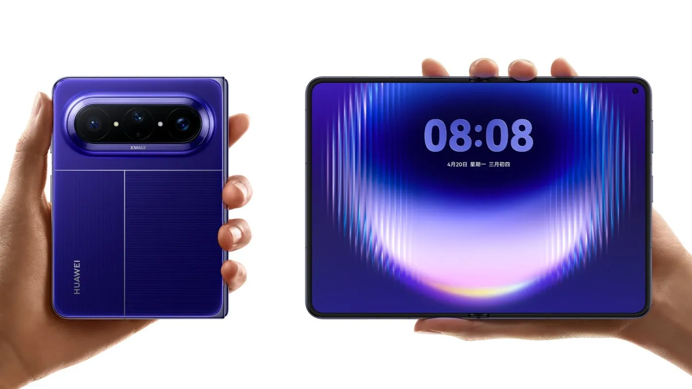 A person holding a wide foldable phone, with a cityscape in the background, showcasing the device's unique design and versatility