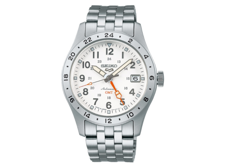 Seiko SSK059 Field GMT Watch with white dial and Hardlex crystal, featuring hollow links and 100m water resistance, perfect for outdoor enthusiasts and travellers