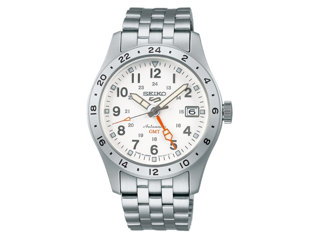 Seiko SSK059 Field GMT Watch with white dial and Hardlex crystal, featuring hollow links and 100m water resistance, perfect for outdoor enthusiasts and travellers
