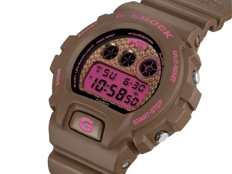 The limited edition Casio G-Shock x Hardies NYC DW6900HH-5 watch boasts a distinctive brown and neon pink design, complete with a pink display and multifunction alarm. This exclusive timepiece is a must-have for collectors and enthusiasts, with its unique colour scheme and impressive features making it a standout in the world of watch design.