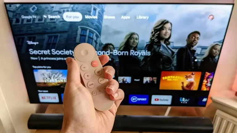 Google Chromecast with Google TV streamer featuring Gemini AI, with a UK cityscape in the background, highlighting the integration of AI technology in everyday life
