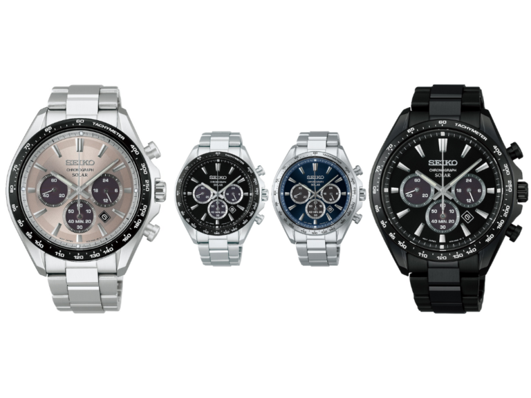 Seiko Selection S Series solar chronograph with sapphire crystal and super clear coating, featuring the V175 movement and 10-bar water resistance, available in various styles including an all-black variant