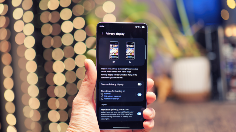 Image of the Samsung Galaxy S26 Ultra's Privacy Display feature, with a person in the background trying to peek at the screen, highlighting the importance of privacy features in smartphones, particularly in the UK