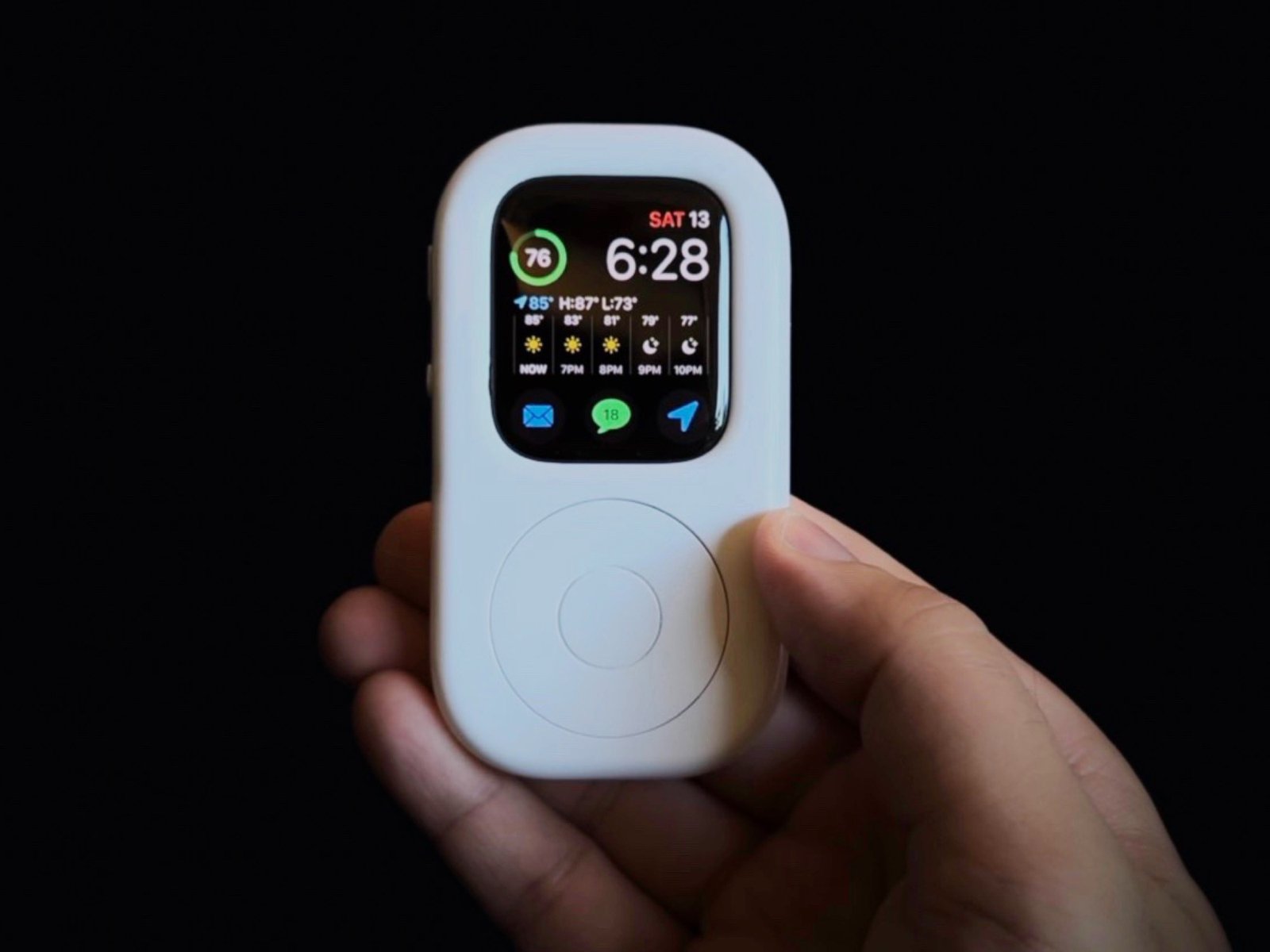 The Apple Pin, a compact AI gadget with two cameras, three microphones, and a speaker, all housed in a sleek AirTag form factor, showcasing its advanced features and potential to analyse and understand its surroundings, with a modern colour scheme and design