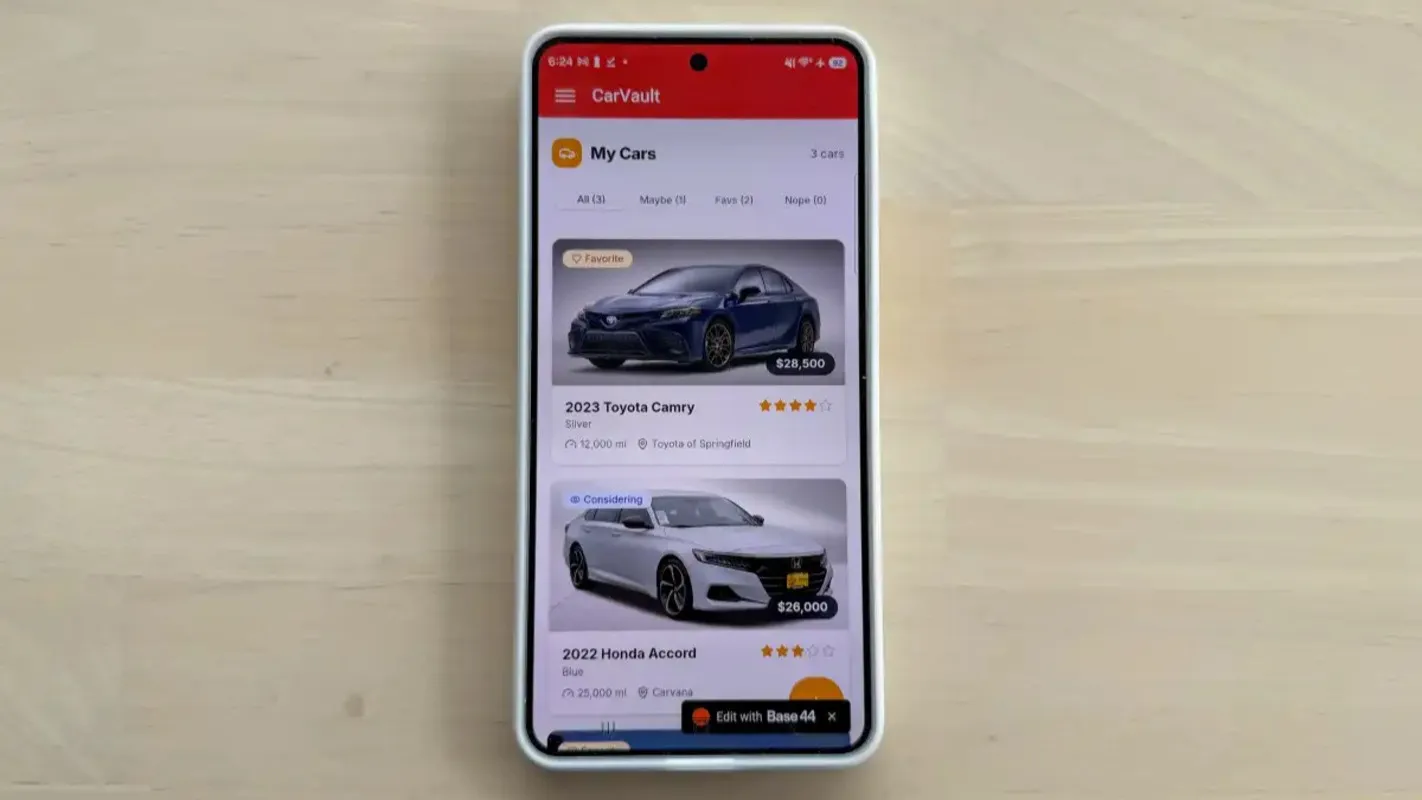 A screenshot of the CarVault app, which was created using Base44 and Google Gemini, with a UK user's car-buying notes and photos.