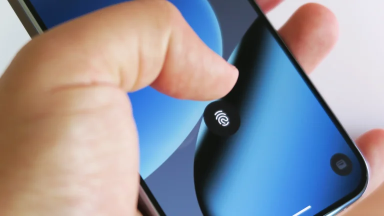A person using a phone with a physical fingerprint sensor, with a caption explaining the benefits of physical sensors over under-display scanners in the UK