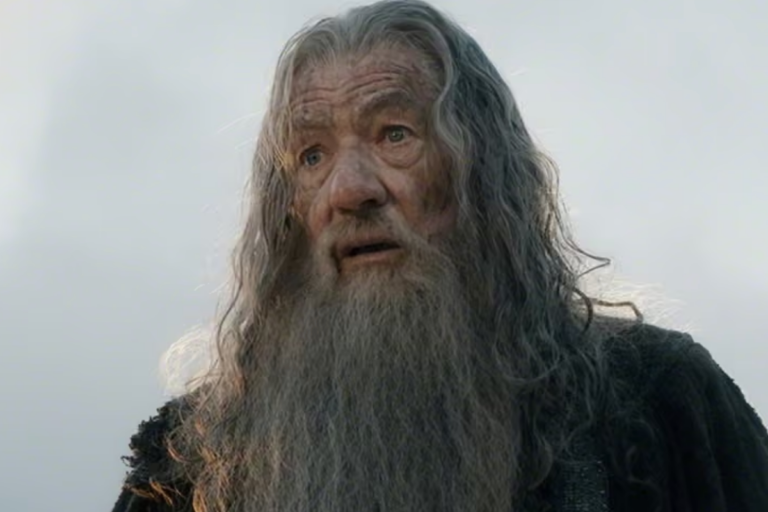 Ian McKellen as Gandalf in the Lord of the Rings film series, with a descriptive background and colour scheme, featuring the primary keyword Lord of the Rings
