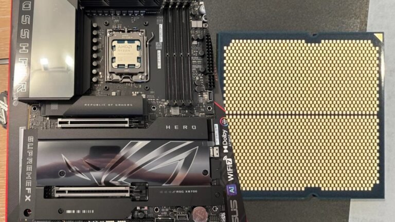 ASUS motherboard and AMD Ryzen 7 9800X3D processor, with a close-up of the motherboard's circuitry, highlighting the complexity of the components and the potential for compatibility issues, which can cause system failure and affect the overall performance of the computer, with the primary keyword being motherboard issues