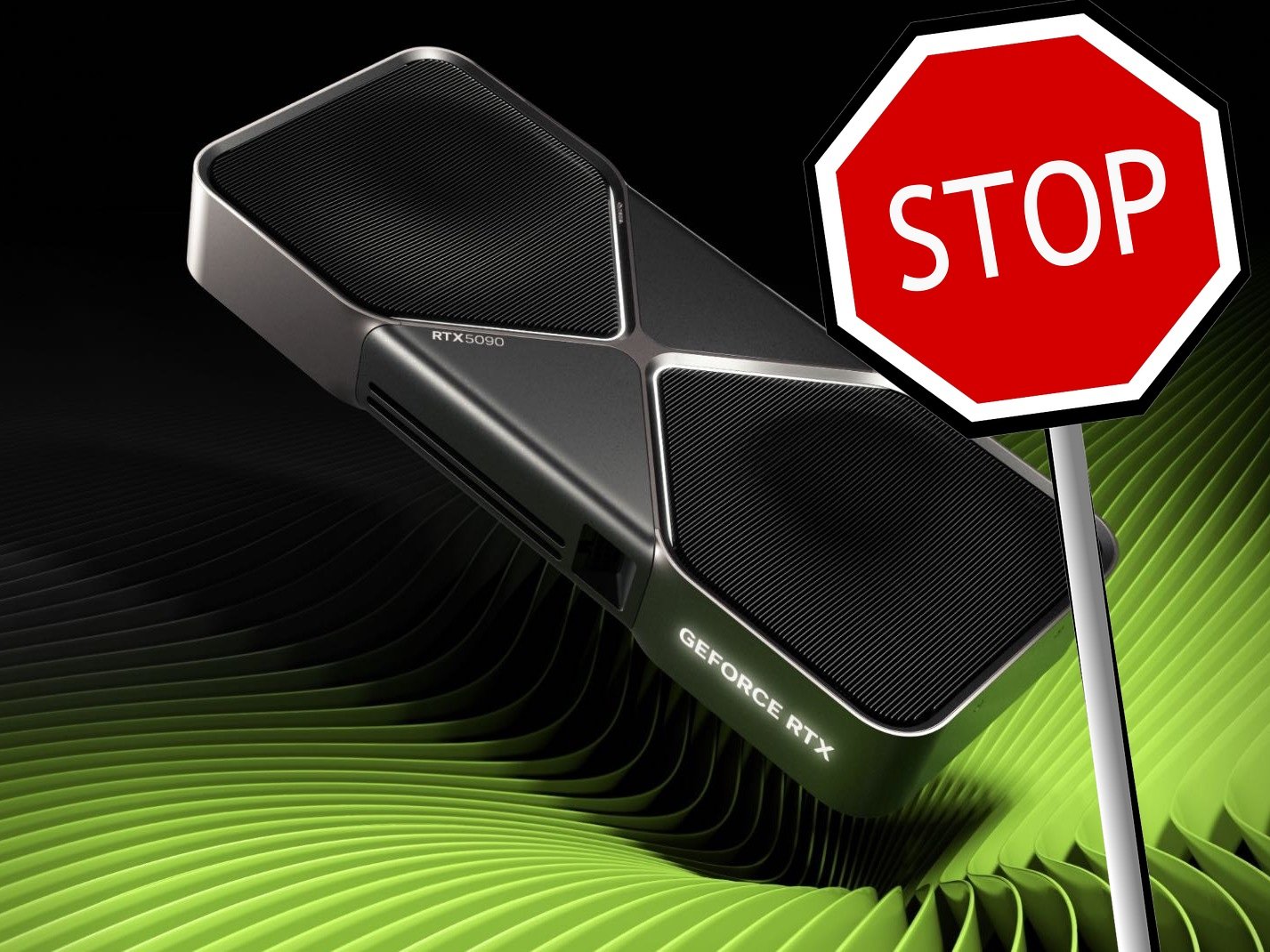 A close-up of the Nvidia RTX 5060 graphics card, with a red 'out of stock' sign in the background, highlighting the potential price shock and production halt of this highly sought-after graphics card, a key component in the gaming industry
