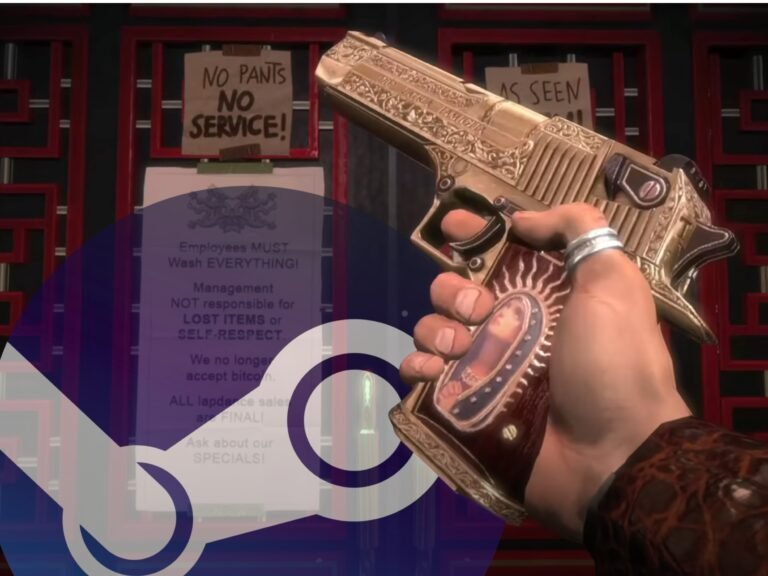 Blue Estate rail shooter game screenshot with a quirky and humorous style, featuring a character in a dark and gritty environment, with a gun in hand and a determined look on his face, set in the world of organised crime, available on Steam at a discounted price