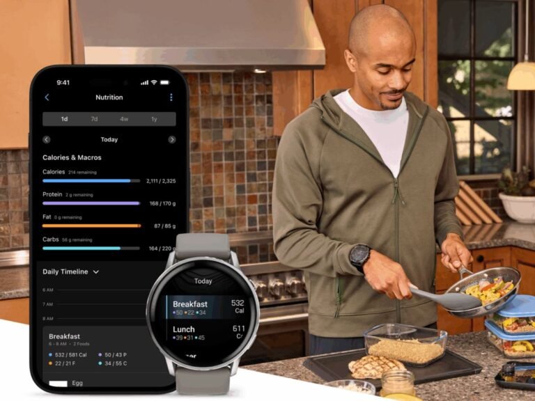 Garmin smartwatch with Garmin Connect+ feature, allowing users to track and analyse their nutrition intake, promoting healthy behaviour and supporting overall wellbeing, with a colour touchscreen display and sleek design