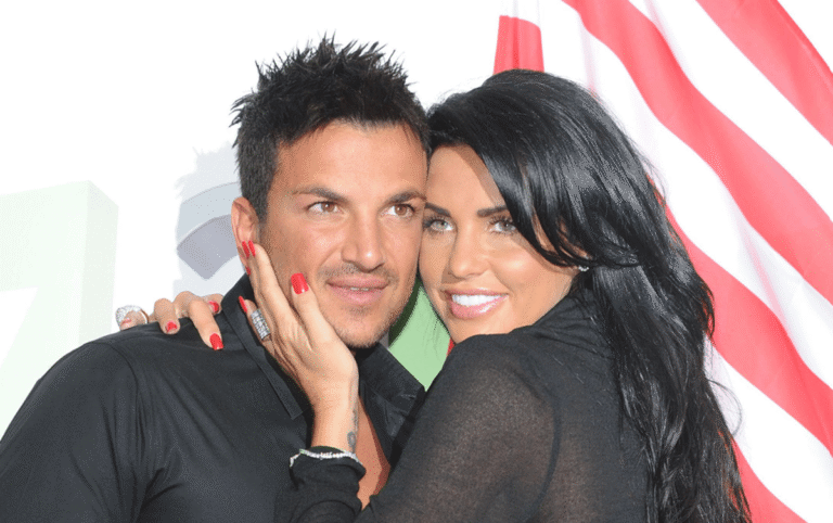 Katie Price and Peter Andre walking together, with a mix of shock and surprise on their faces, as they reveal their latest development, a legal agreement, in the celebrity news
