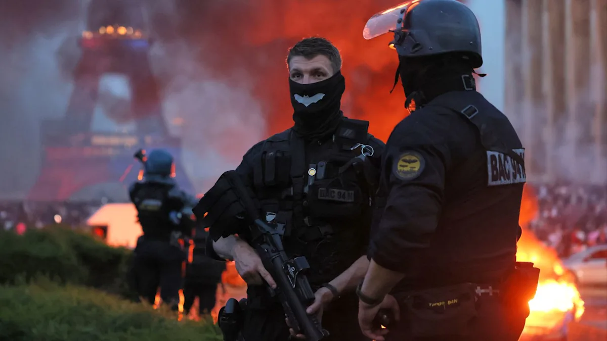 Violent clashes between PSG fans and police in Paris after Champions League win, with police in riot gear and fans throwing objects, the primary keyword being fan violence