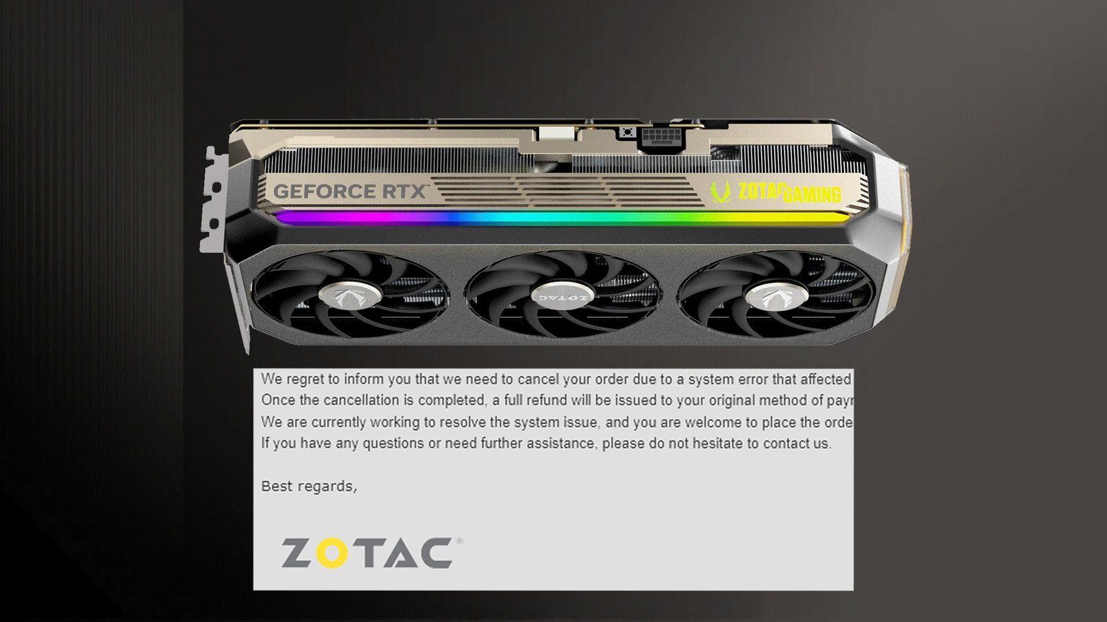 A close-up of the ZOTAC RTX 5090 GPU, with a red 'cancelled' stamp across it, symbolising the controversy surrounding the company's cancellation of orders and price hike, highlighting the primary keyword 'RTX 5090'