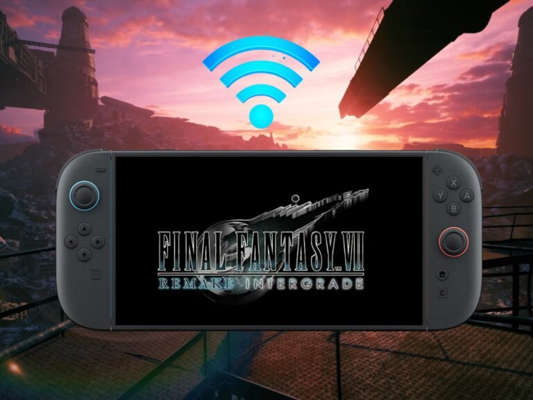 A person holding a Switch 2 console, with a cityscape in the background, representing the ability to boost download speeds for Final Fantasy 7 Remake with a simple setting change, using a Game-Key Card for installation