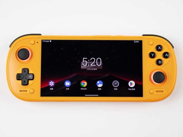 The Retroid Pocket 6 handheld console, featuring a sleek design and high-quality display, perfect for playing retro games and modern releases on the go, with a powerful processor and ample storage.