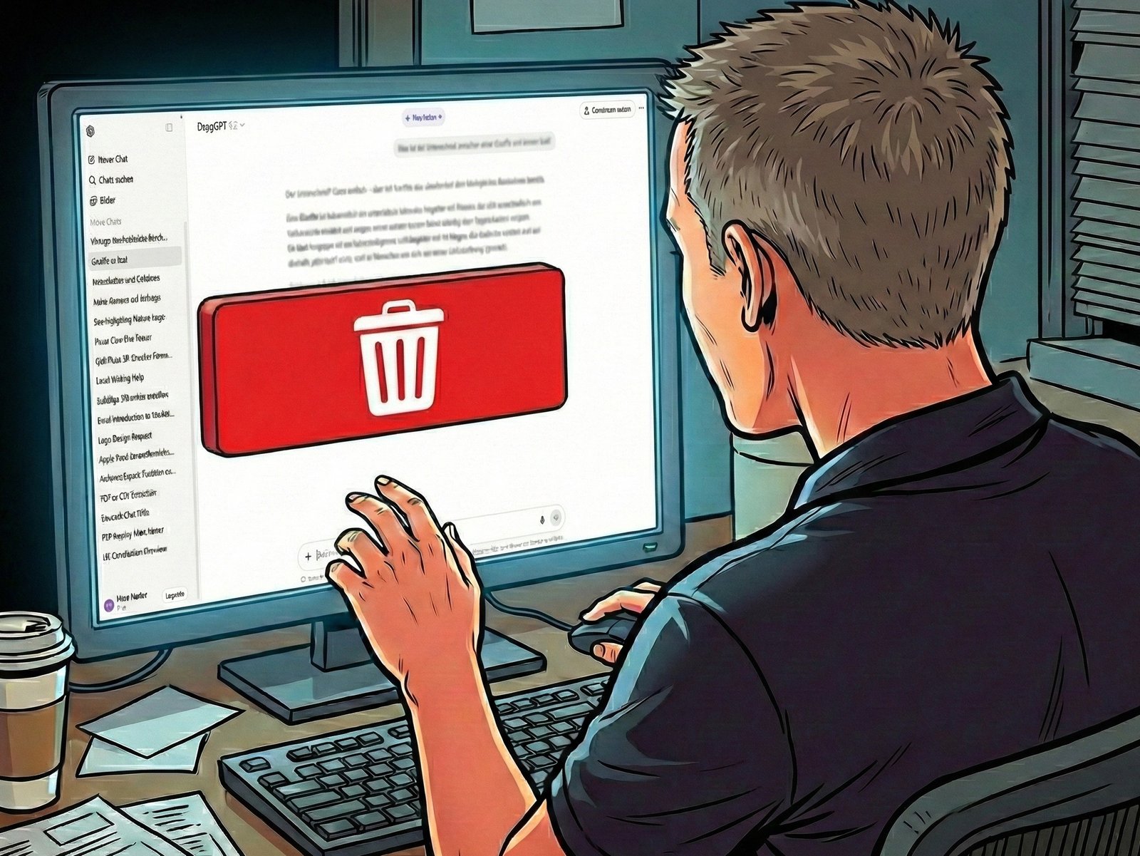 A professor sitting in front of a computer with a shocked expression, highlighting the potential risks of using ChatGPT and other AI tools without proper backup functions, which can lead to significant data loss and decreased productivity