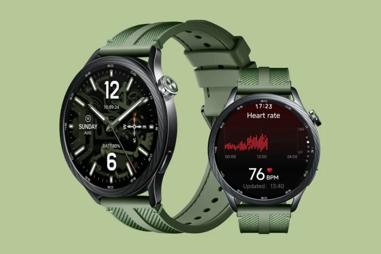 The Xiaomi Watch S5 smartwatch with a 1.48-inch AMOLED display, featuring a stainless steel case and available in various colour options, including Black, Silver, and Jungle Green, with a fluorocarbon rubber and braided nylon fabric strap, perfect for fitness enthusiasts and everyday use in the UK.