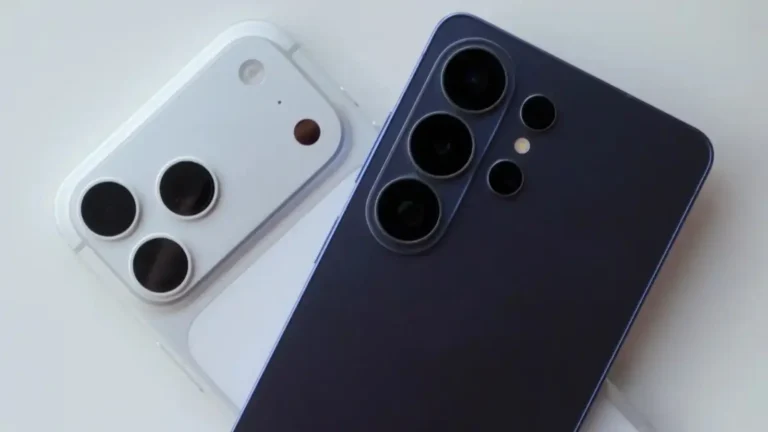 A close-up of a smartphone camera lens, with a blurred background of a cityscape in the UK, highlighting the focus on camera technology in the smartphone industry