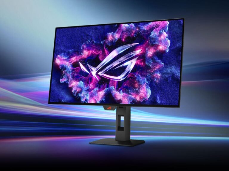 The Asus ROG Strix XG27AQWMG monitor, with its sleek and glossy design, boasts a 280 Hz Tandem OLED display, providing unparalleled visuals and seamless performance, perfect for gaming enthusiasts and professionals, available now on Amazon