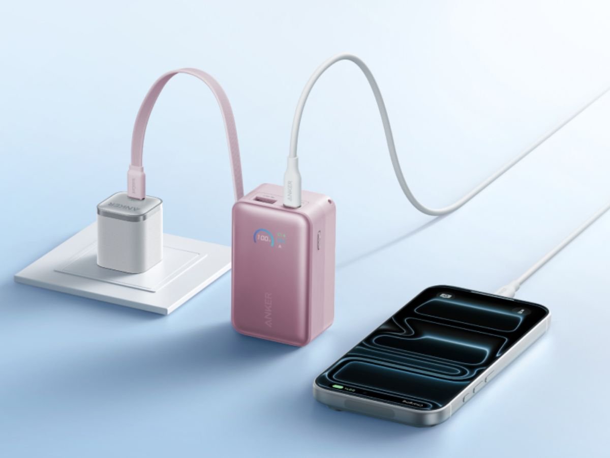 The Anker Nano Power Bank is a compact and efficient charging solution, featuring a built-in retractable USB-C cable and a small display showing charging information and remaining battery level, perfect for charging up to three devices simultaneously with its two ports