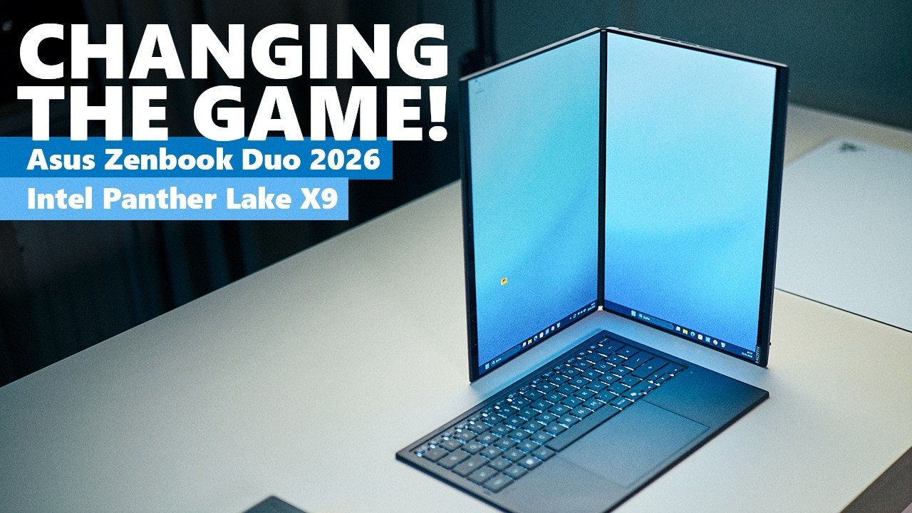 The Asus Zenbook Duo 2026 laptop featuring Intel's Panther Lake X9 CPU, with a stunning Full HD display and sleek design, perfect for AAA gaming and content creation, with a focus on Intel Panther Lake