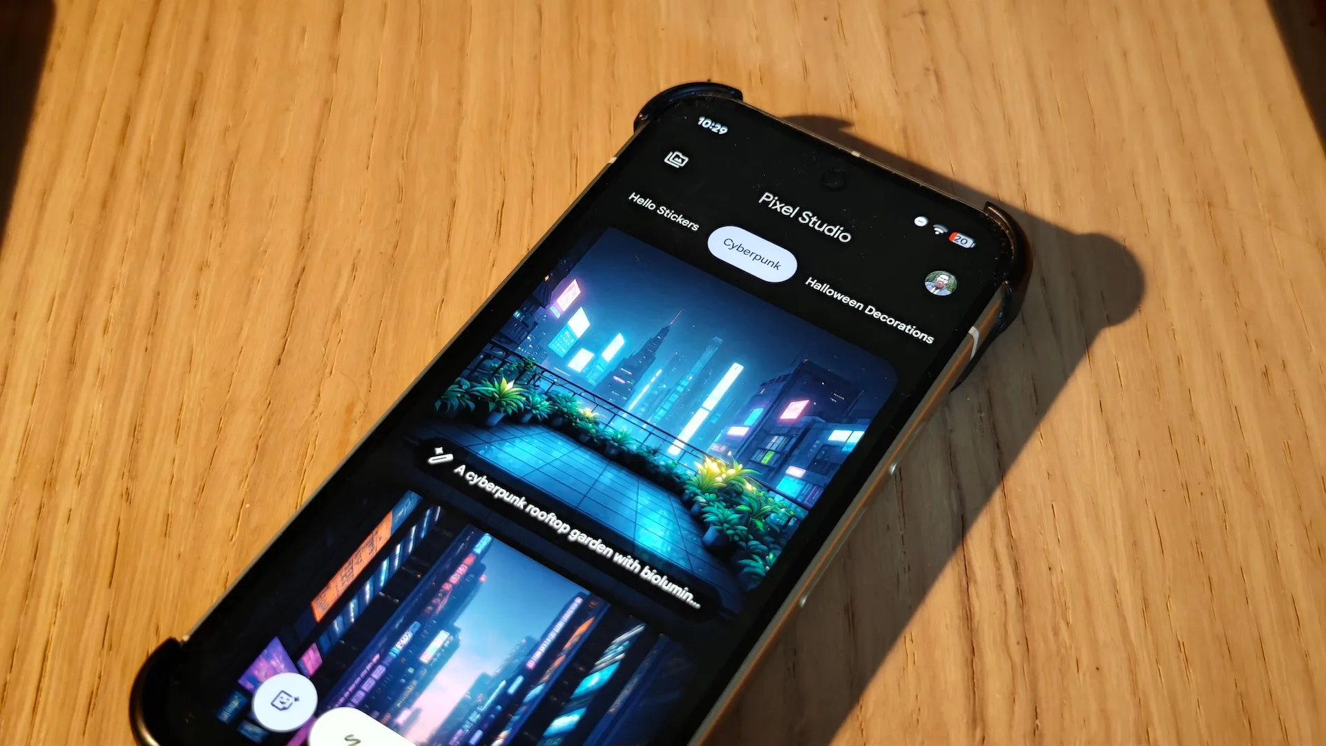 A descriptive image of a person using a Pixel phone with Gemini open, showcasing AI-generated images and animations, highlighting the exclusive features available to UK users