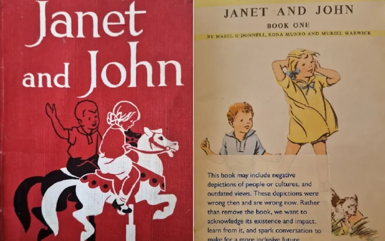 A picture of the Janet and John book with a trigger warning label, symbolising the museum's effort to promote sensitivity and inclusivity in children's literature, with a focus on protecting vulnerable readers and preserving cultural significance