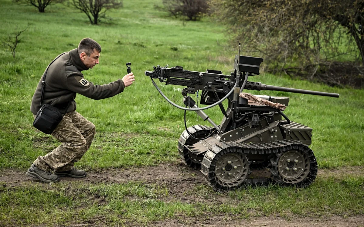 Ukrainian soldiers operating a drone, with a cityscape in the background, showcasing the country's growing military capabilities and defence industry, with a focus on Ukrainian weapons and equipment