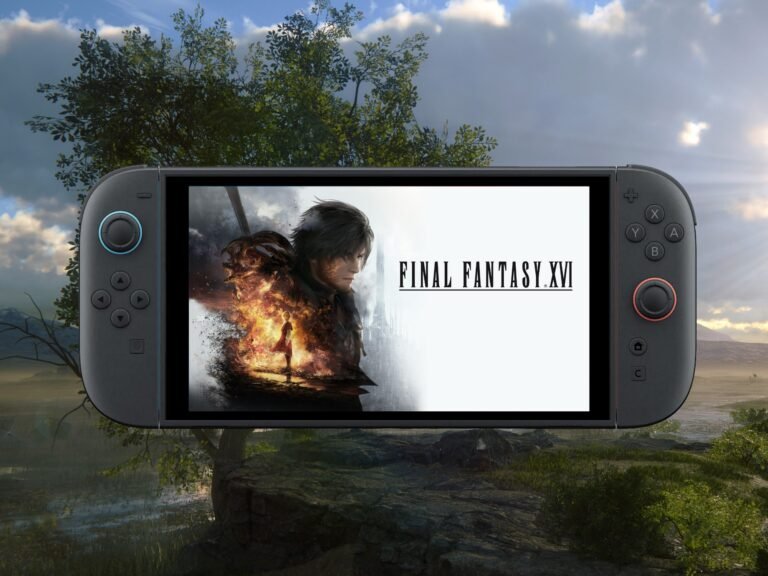 Image of the Final Fantasy 16 game cover, featuring a dramatic landscape with the game's logo prominently displayed, with the Switch 2 console in the background, highlighting the potential for a port and the game's demanding specs, which may tax the console's capabilities, including its processor, memory, and graphics capabilities.